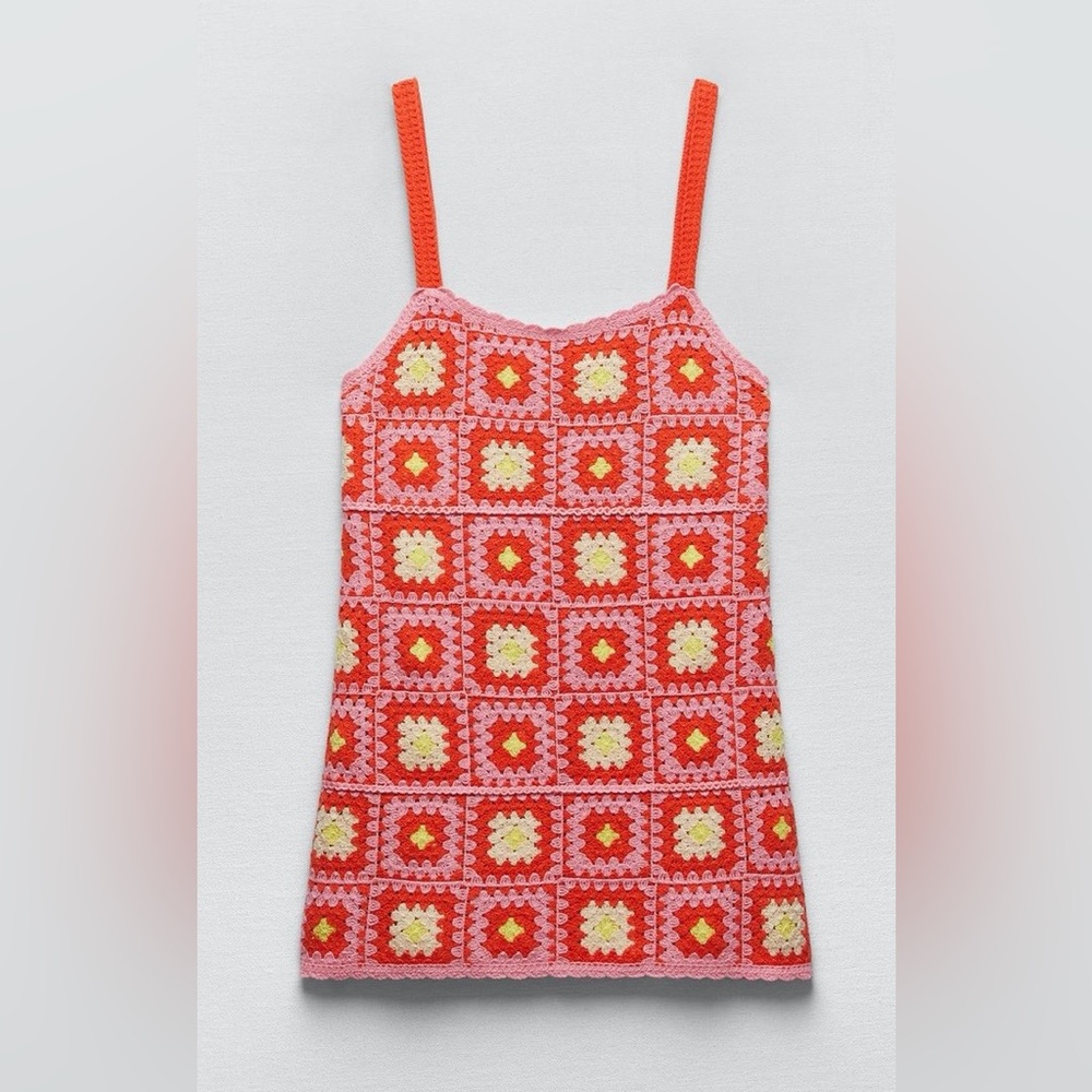 Zara Crochet Square-Pattern Mini Dress